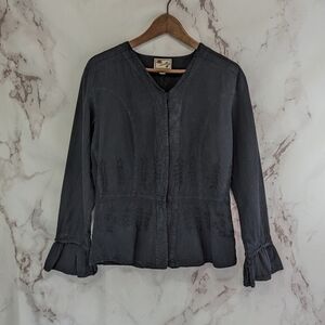 Scully Shirt Womens Large Black Button Up V Neck Ruffle Sleeve Embroidered